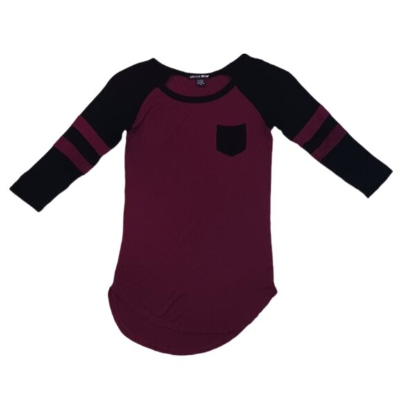 American Dream Womens Medium Top Burgundy & Black 3/4 Sleeve Sheer Stretch - Picture 2 of 8